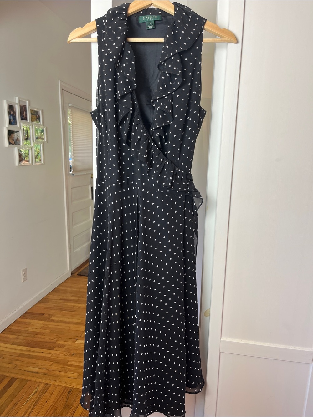 Lauren Ralph Lauren Black Polka Dot Ruffle Wrap Midi Dress